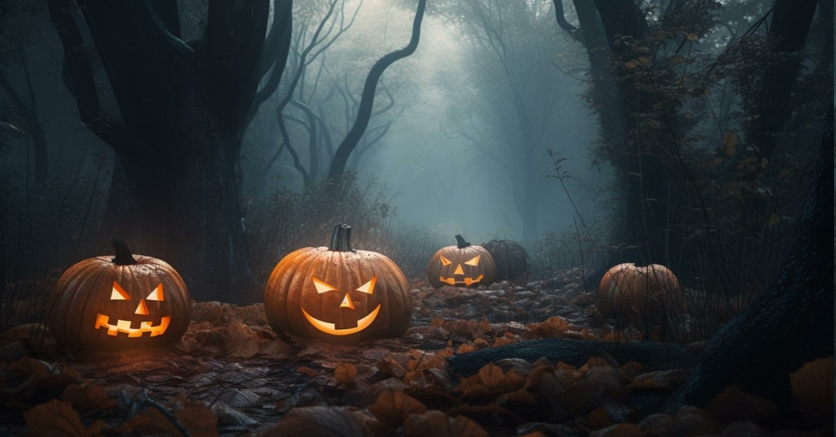 Jack-o-lantern pumpkins on ground