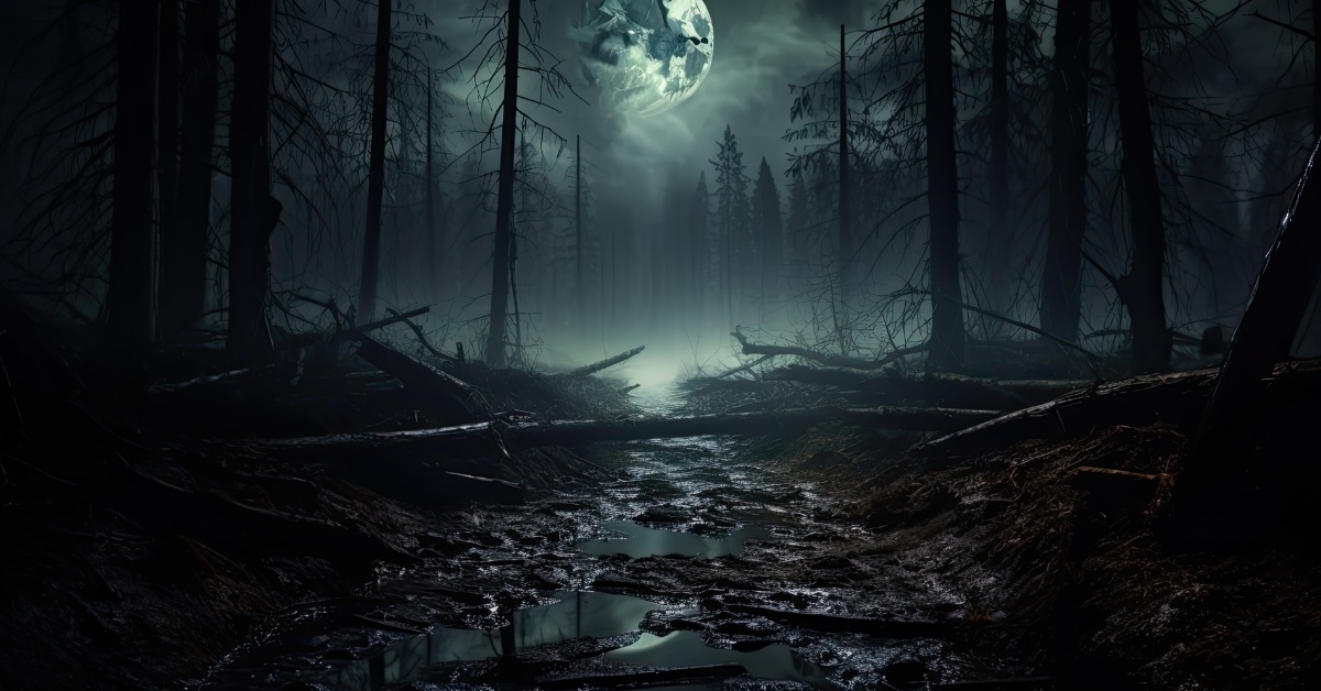 moonlit forest on foggy night