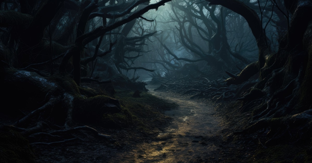 moonlit forest path with ancient trees