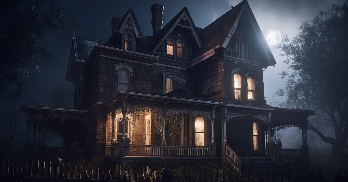 moonlit haunted house in woods