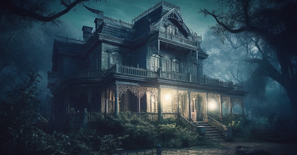 mysterious haunted mansion with creepy bulb