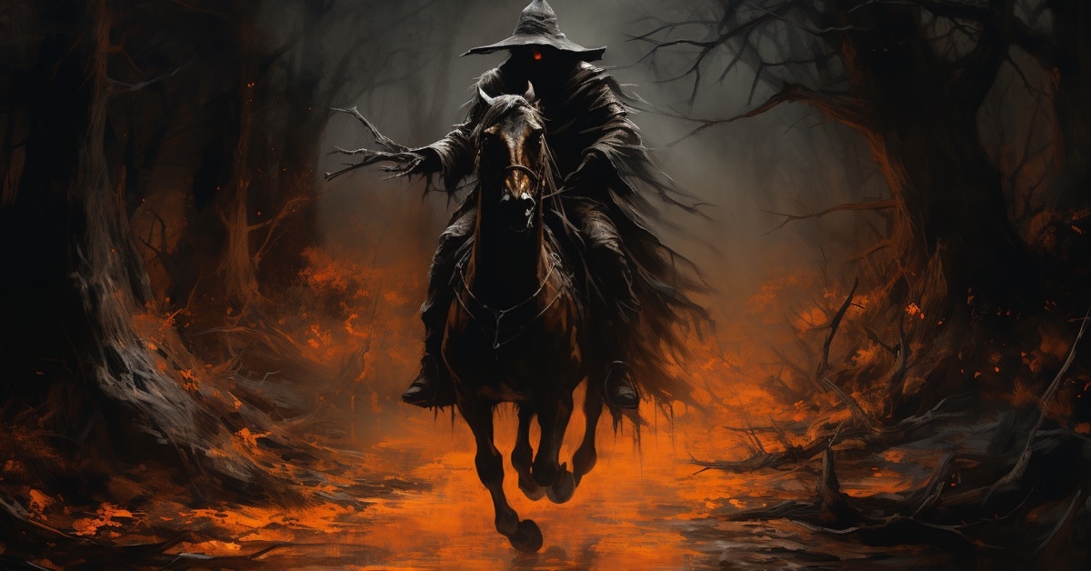 mysterious horseman galloping through haunted woods