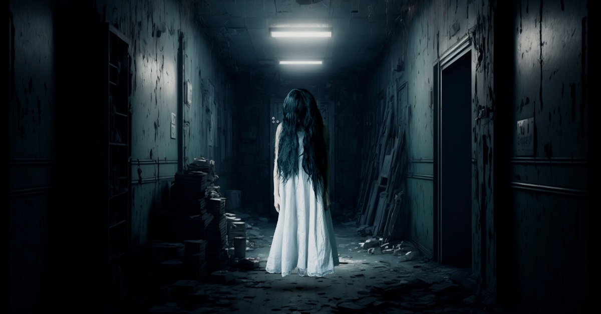 scary girl ghost in abandoned corridor