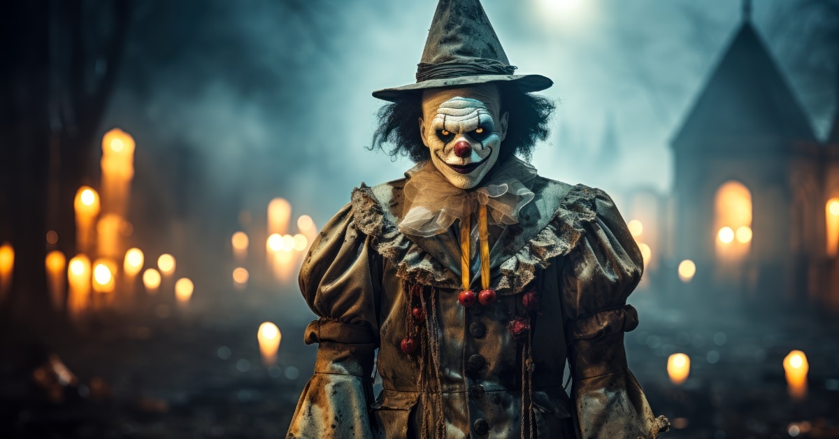 sinister male ghost clown on halloween