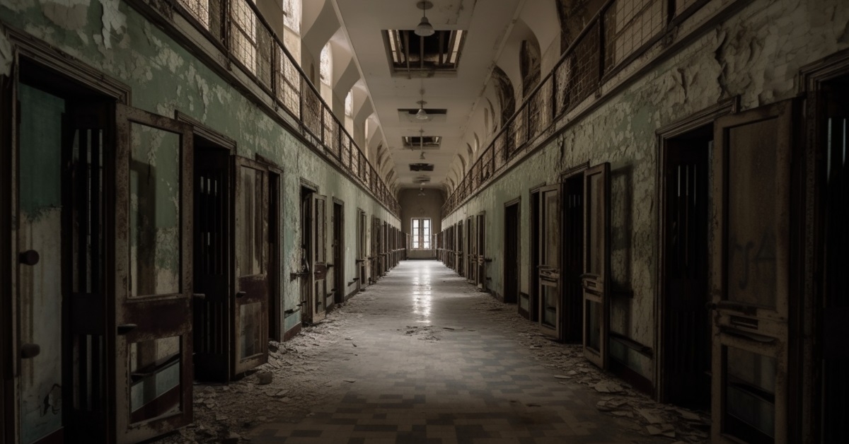 spooky corridor of abandoned asylum