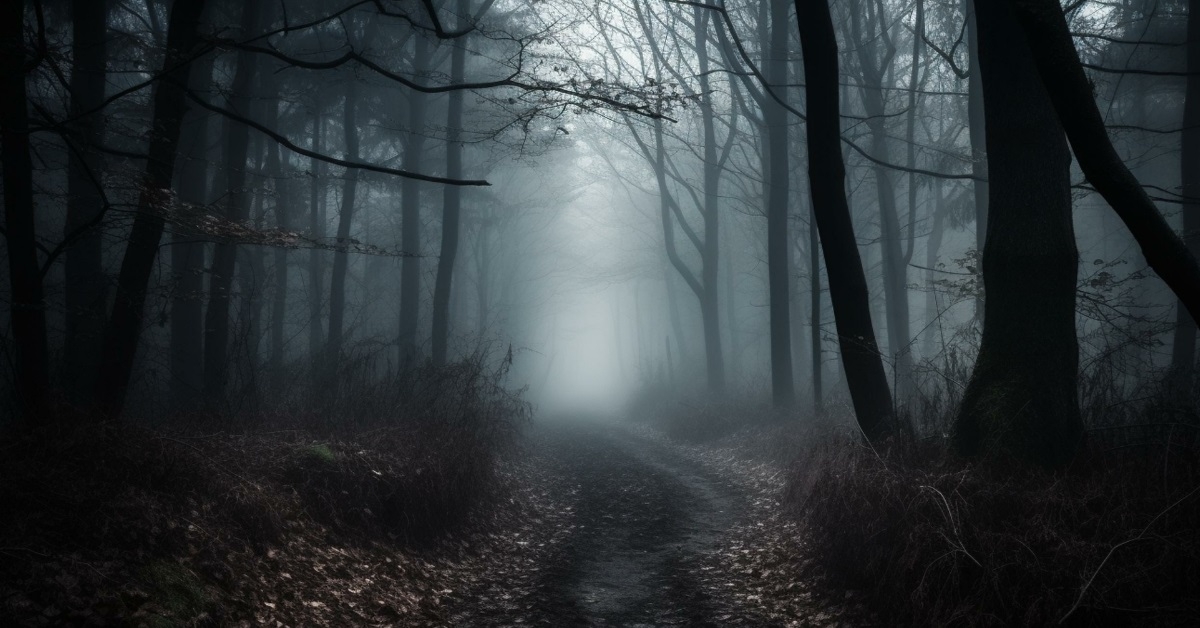 spooky forest path with ominous trees