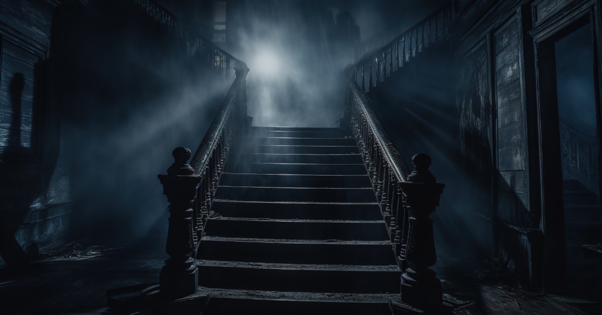spooky stairway in mansion at night