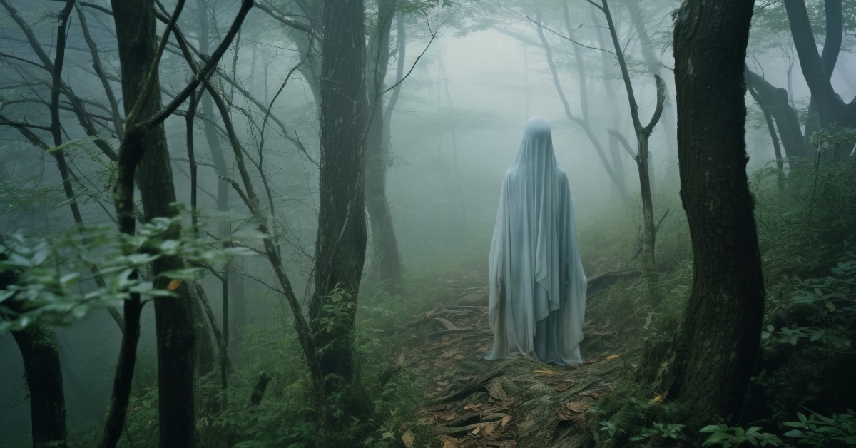 woman in creepy gown in forest