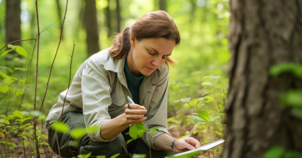 female biologist examining trees in forest