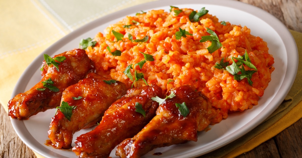 jollof rice with fried chicken wings