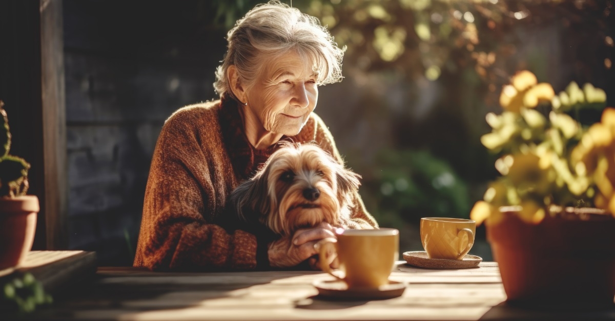 senior woman enjoying coffee with pet