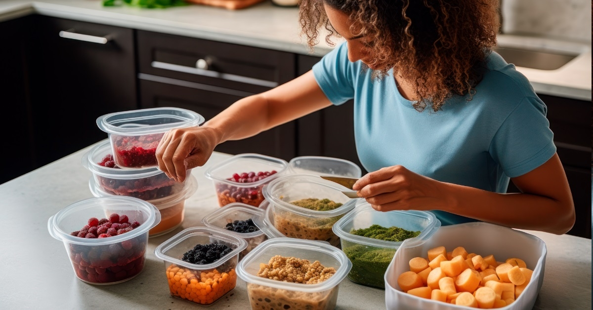 woman organizing food in tupperware