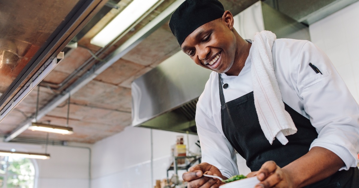 african american gourmet chef in kitchen