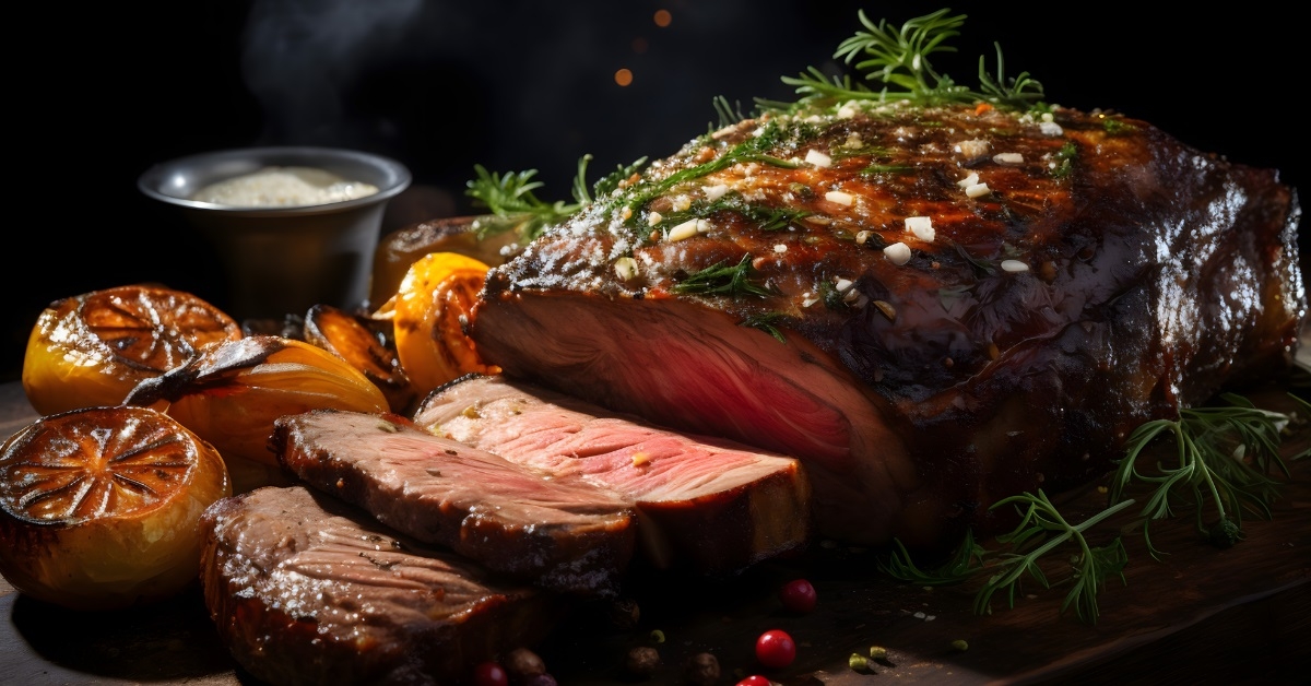 smoked prime rib on dark background