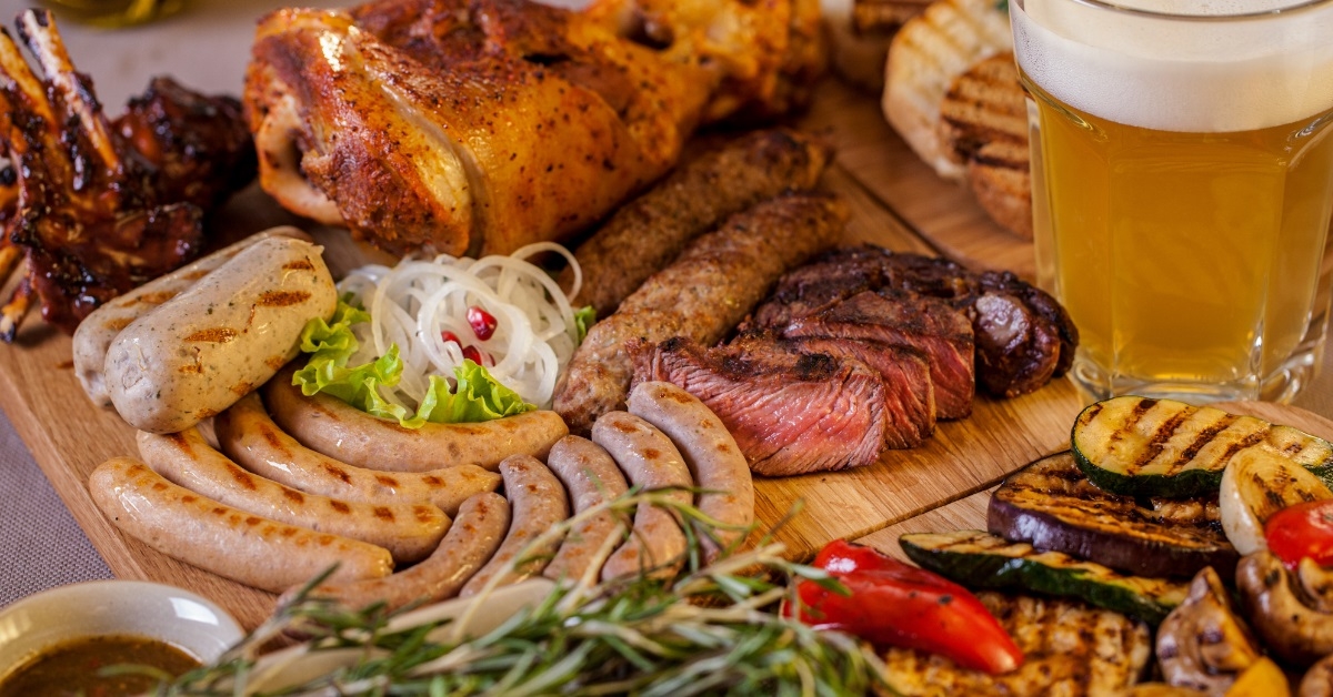 pork steak ribs sausages and kebabs