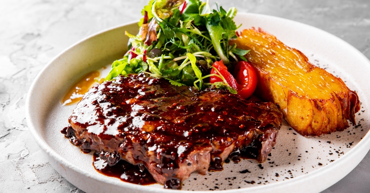ribeye steak with potato gratin salad