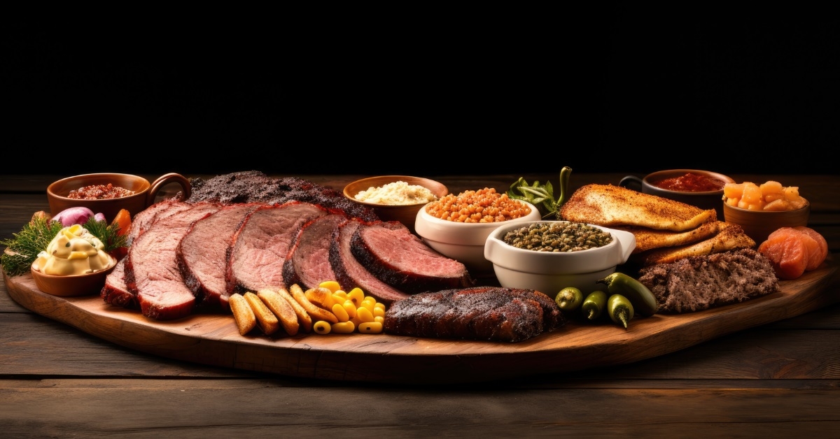 texas bbq platter on wooden table 
