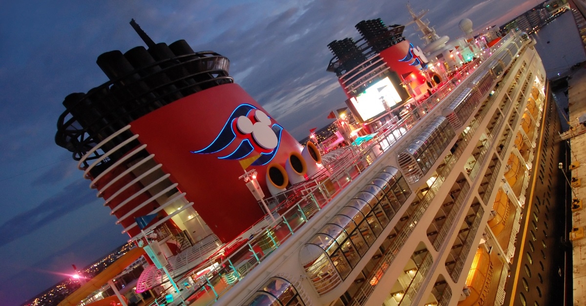 disney cruise ship at night
