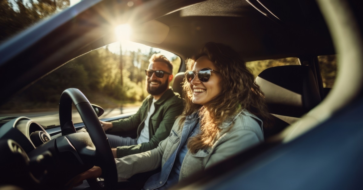 couple on road trip in car