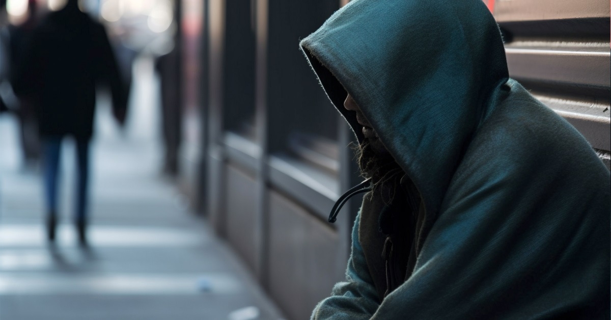 homeless person in hood on street
