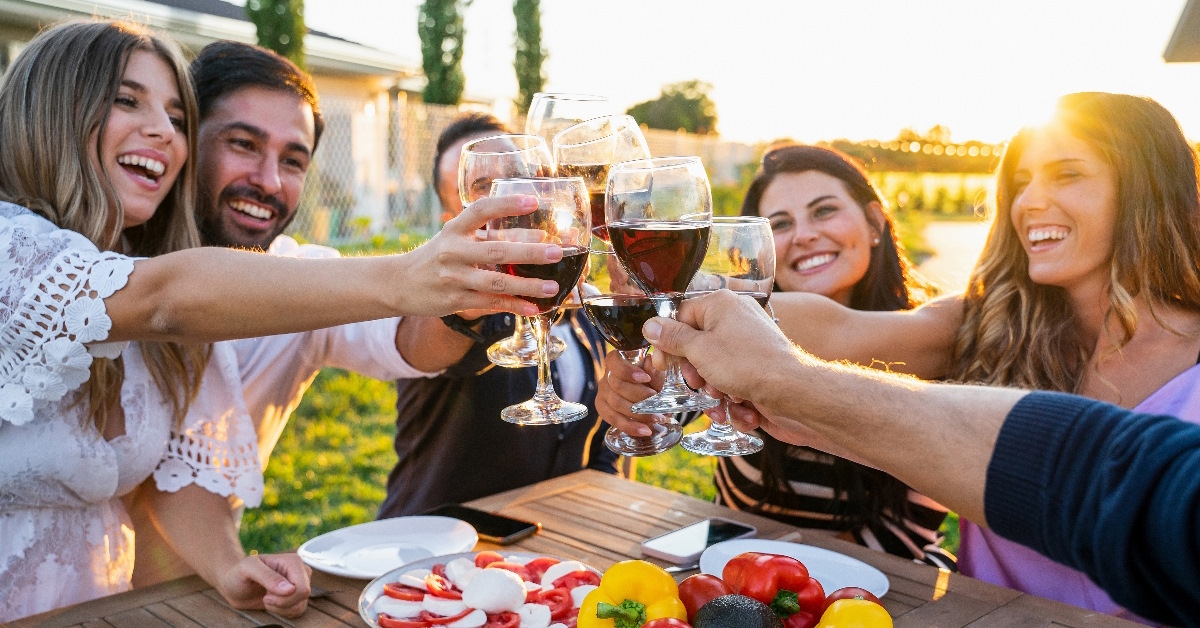 friends toasting wine at garden party