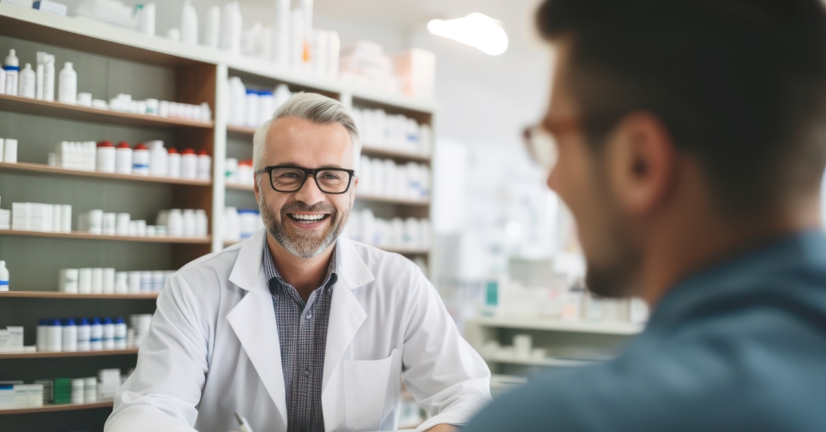 senior pharmacist prescribing medicines to man