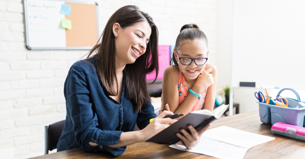 confident mother reading book