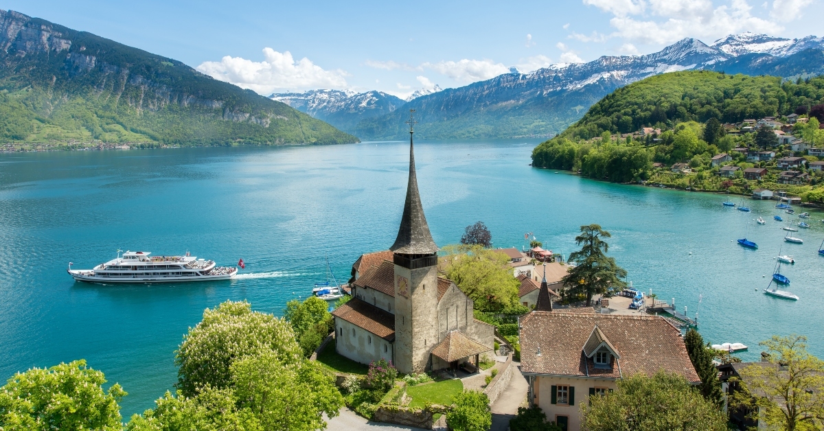 Spiez castle with cruise ship