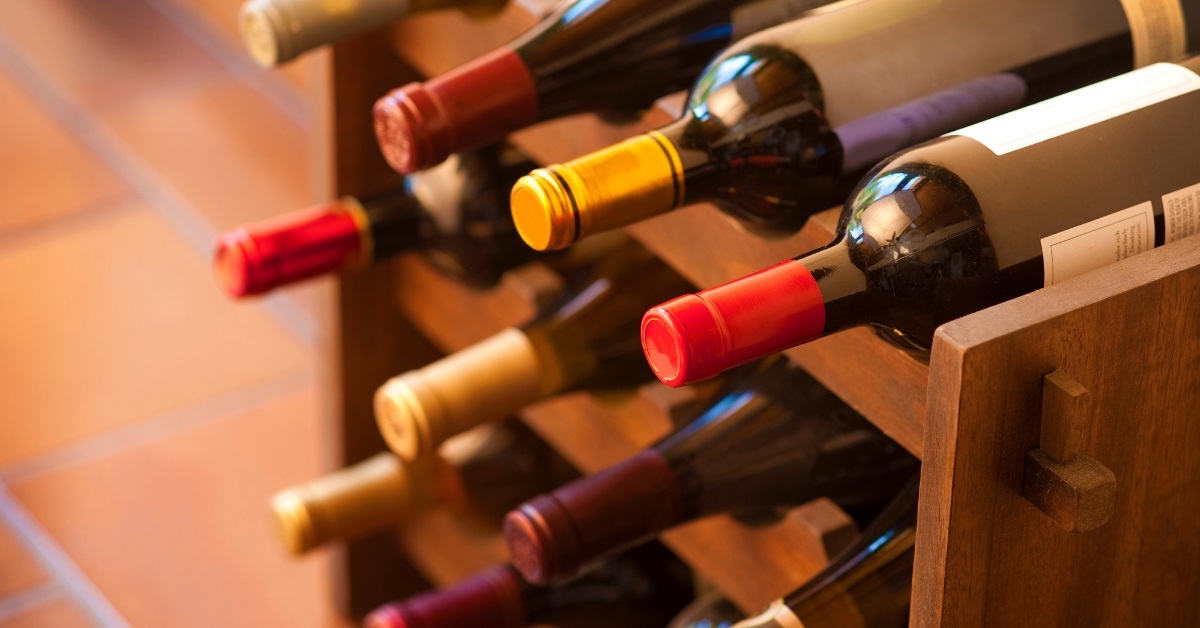 wine bottles decorated on wooden rack