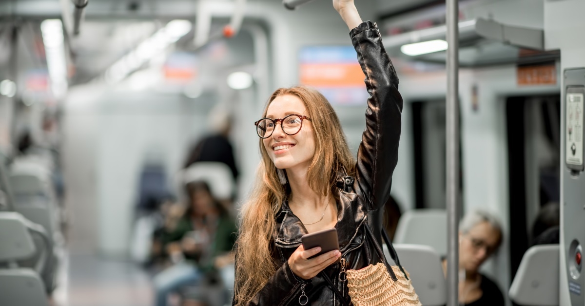 business woman traveling on train
