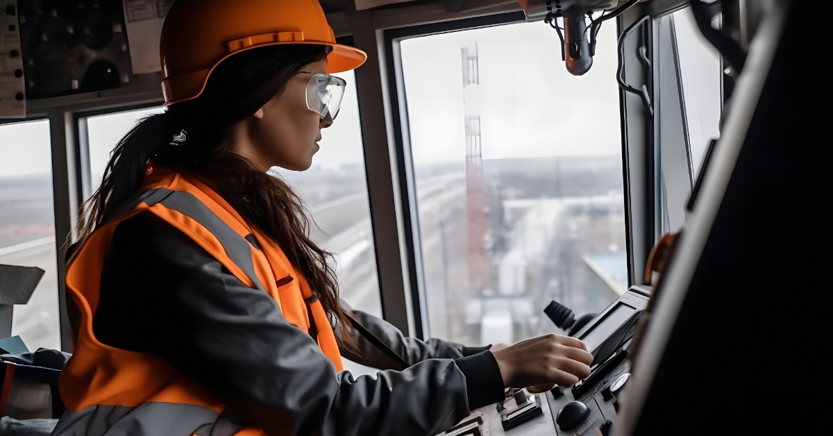 female crane operator in cabin