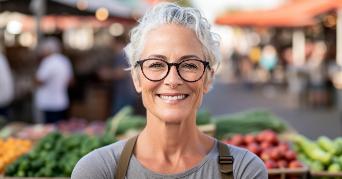smiling woman at farmers market