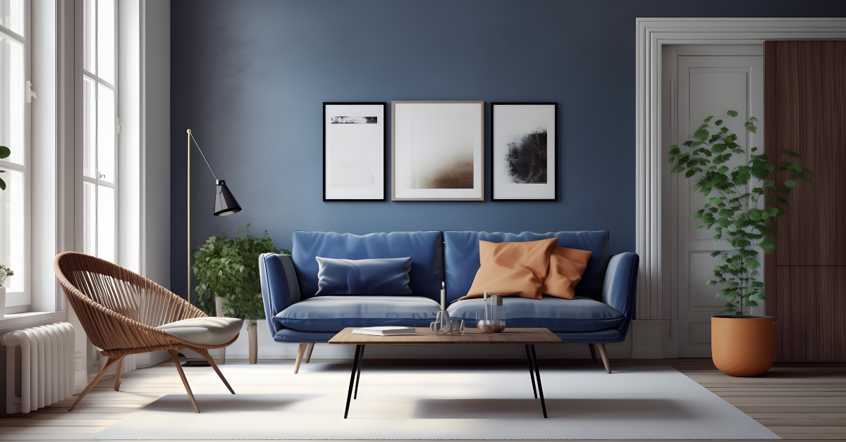 dark blue sofa and recliner chair