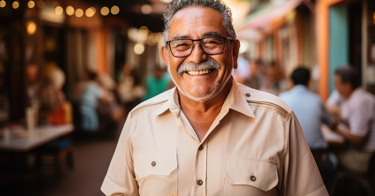 senior man standing in busy street