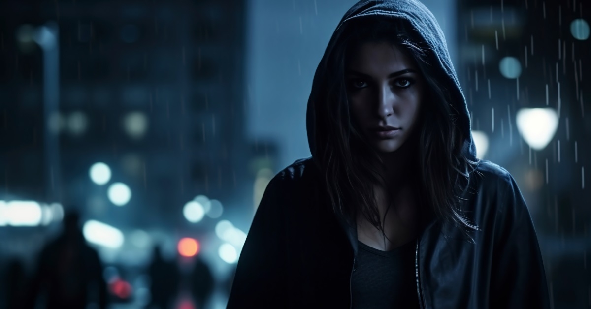 suspicious woman in city at night