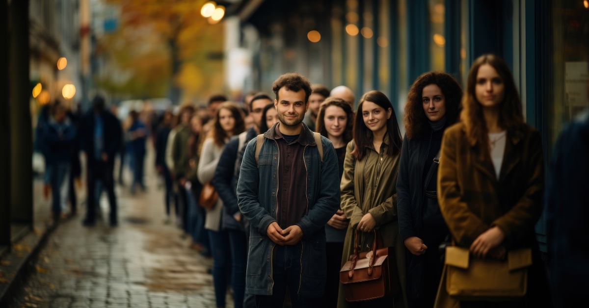 people waiting in line in city
