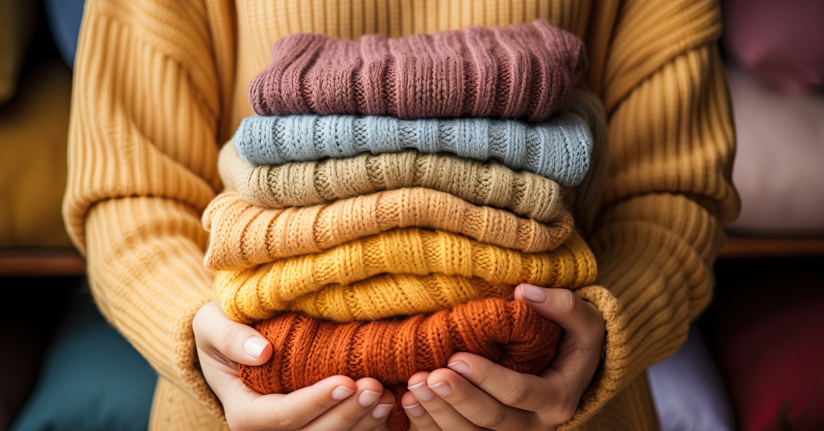 woman holding knitted clothes