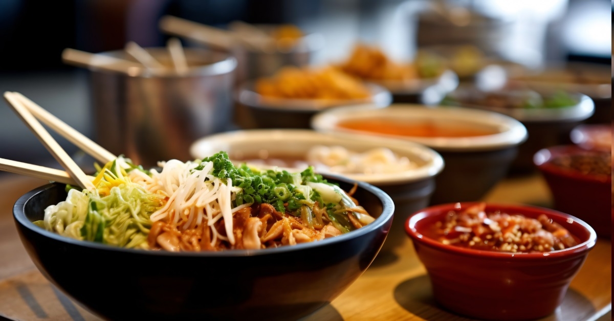 asian noodle bar with delicious condiments