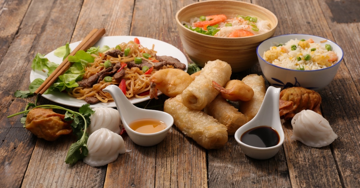 chinese food on wooden table
