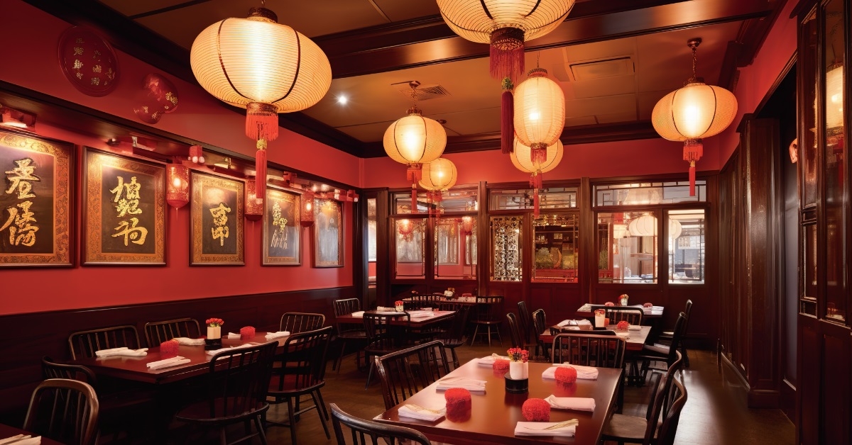 authentic asian restaurant decorated with lanterns