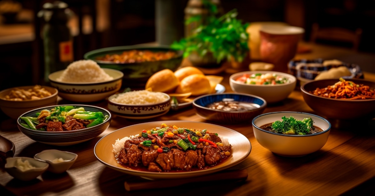 delicious chinese dishes on wooden table