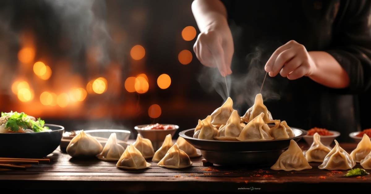 chef serving steamed dumplings on table