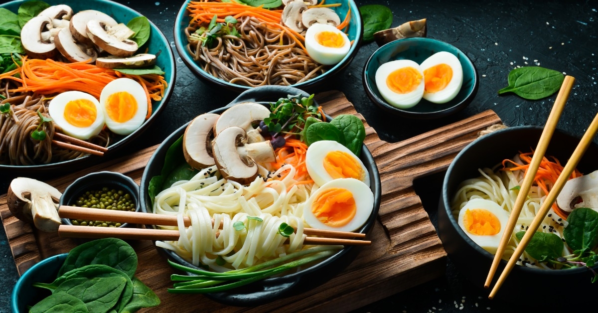 udon noodles with egg mushrooms onions