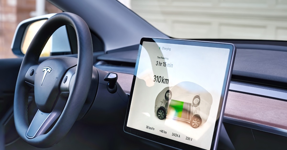 tesla control panel screen showing battery