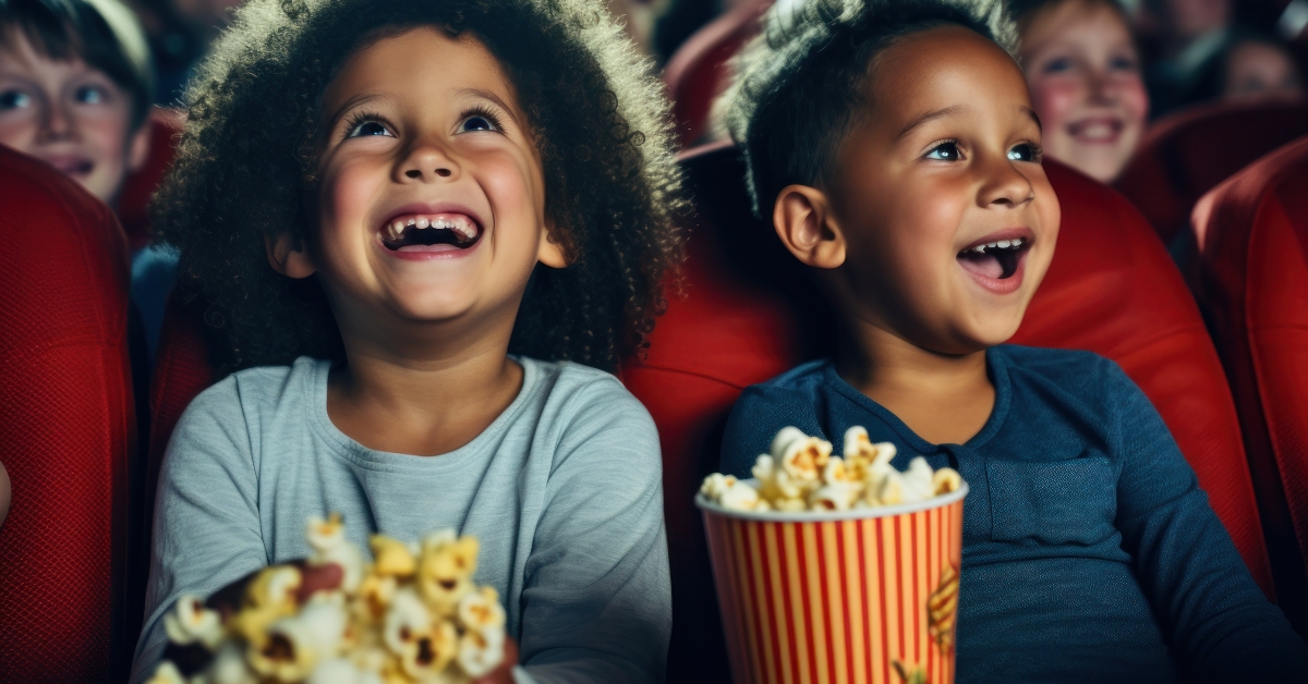 kids with popcorn at cinema