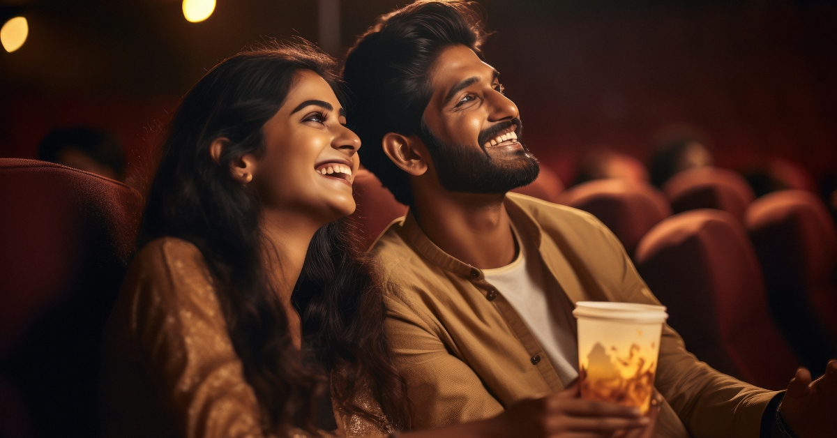 young couple watching movie