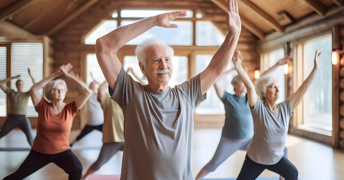 active senior people at yoga class