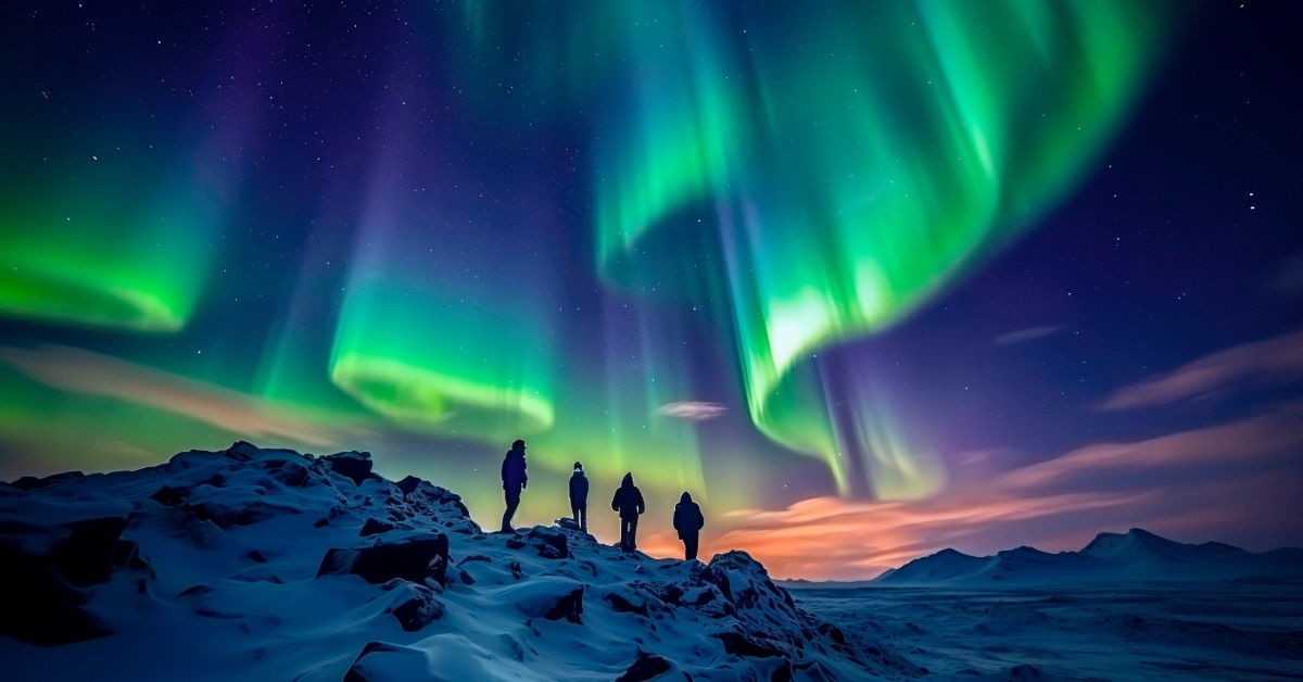hikers exploring lapland's snowy wonderland aurora