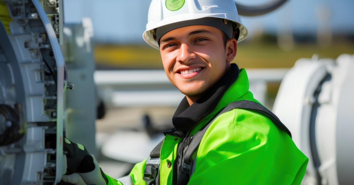 happy male electrician fixing airplane turbines