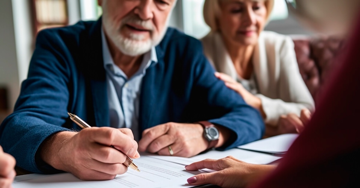 senior couple signing contract at office